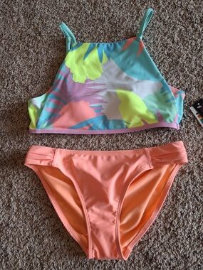 NOBO Neon Floral High Neck Bikini Set in Coral and Aqua